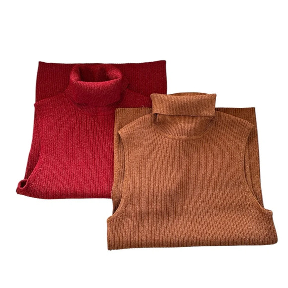 CABLE & GAUGE 2 Short Sleeves Red & Gold Medium Holiday Metallic Turtle Necks - Picture 1 of 5
